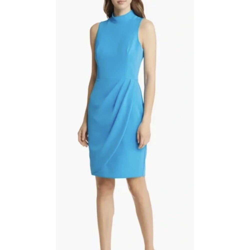 BLACK HALO Naya Sleeveless Mock Neck Ruched Sheath Dress in Breezy Blue US 10